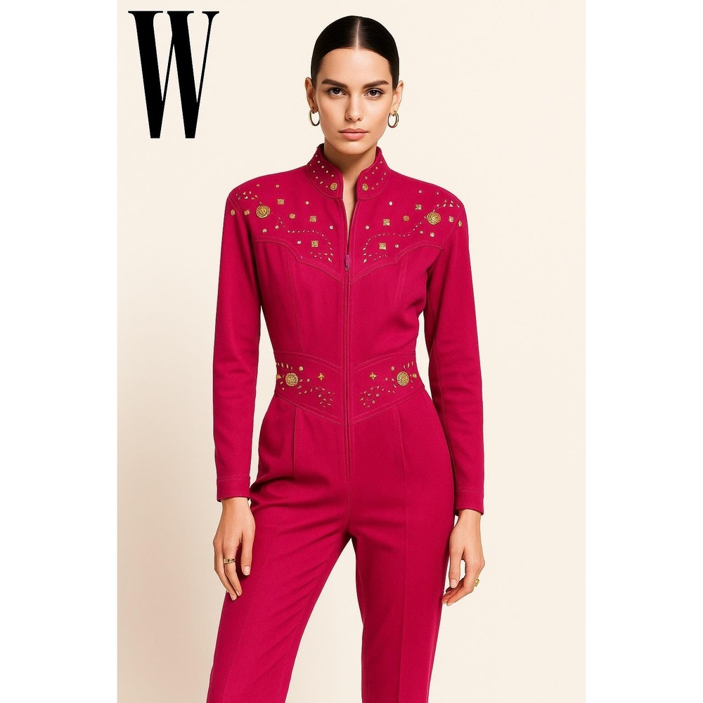 Vintage Western Inspired Embellished Jumpsuit Pink Long Sleeve‎ Zip Front Small